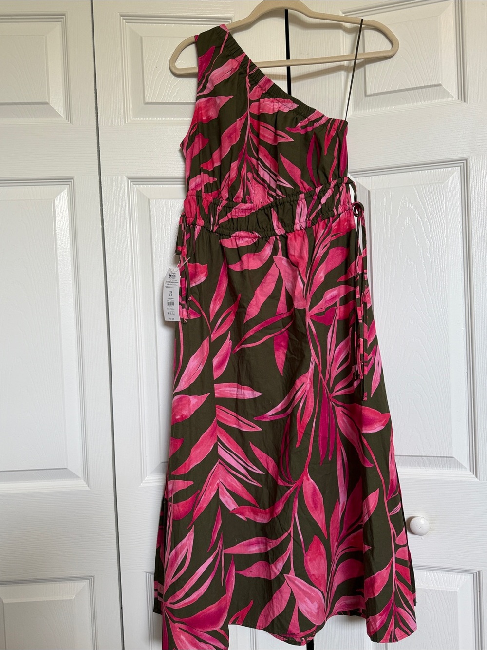 Time and Tru One-Shoulder Floral Midi Dress in Olive and Hot Pink